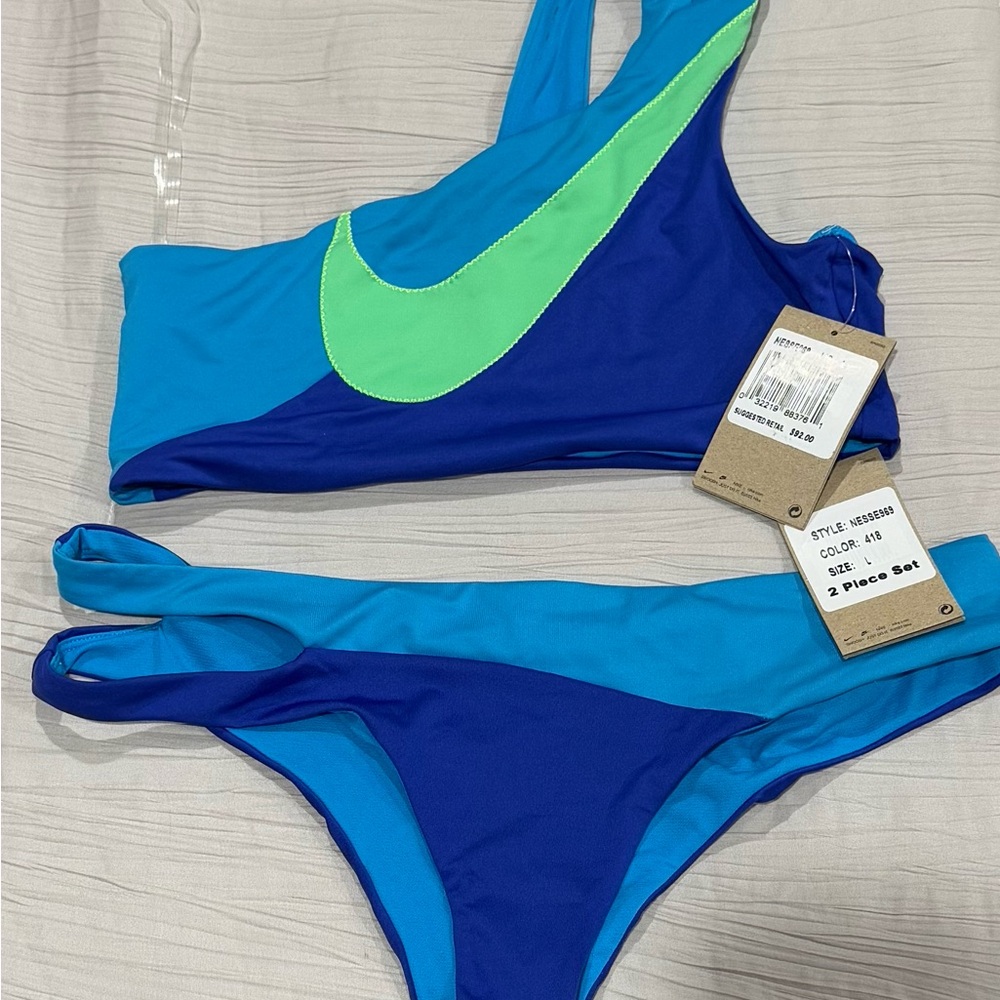 Nike Women's Swoosh Block Blue and Green Cutout Bikini